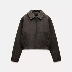 Zara - Women's Gray Brown Cropped Bomber Jacket